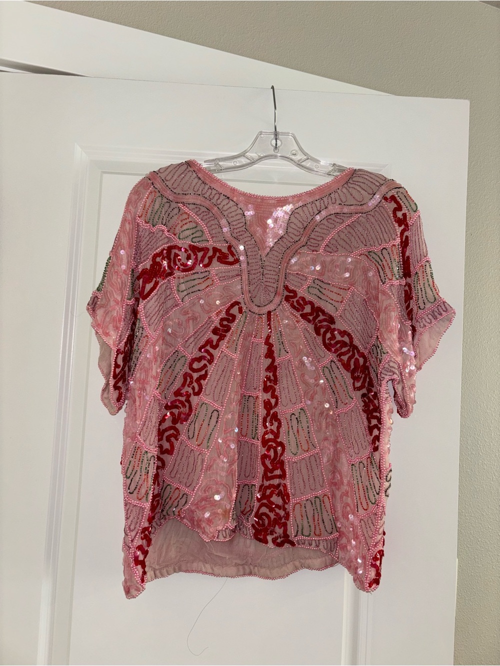Pink Sequin Beaded Short-Sleeve Top